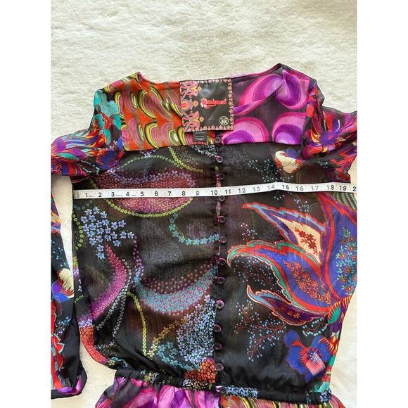 Desigual Sheer Multi Color Floral Print Long Sleeve Tunic Blouse Top Y2K Size M - Picture 9 of 9